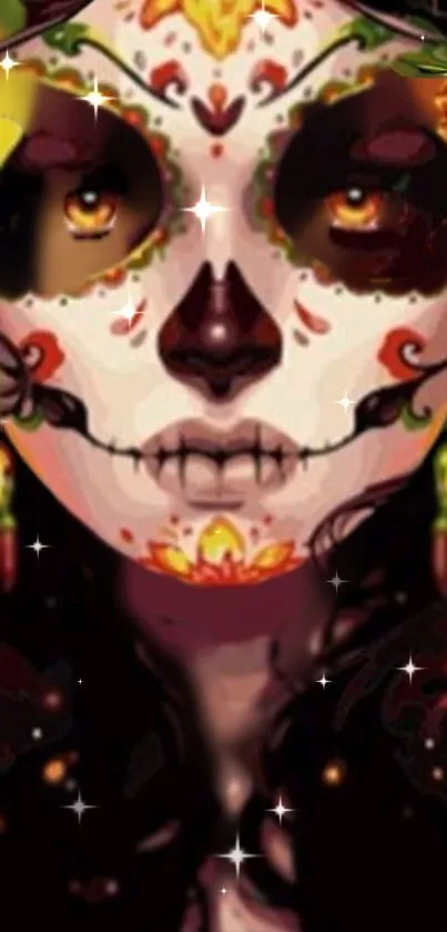 Day of the Dead colorful skull art on mobile wallpaper.