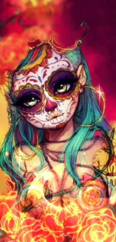 Illustrative Day of the Dead artwork with vibrant colors and floral design.