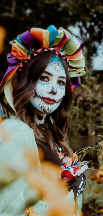 Colorful Day of the Dead themed wallpaper with face paint and flowers.