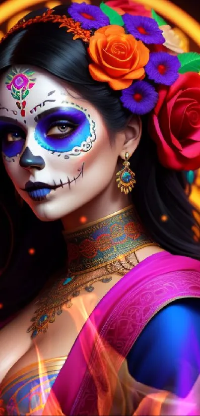 Colorful Catrina portrait with vibrant face paint.