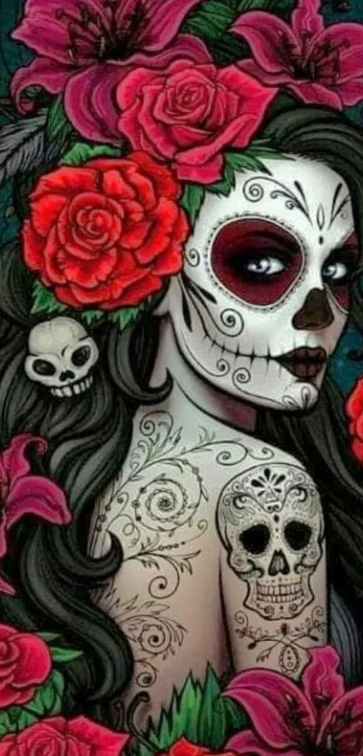 Intricate Day of the Dead floral skull wallpaper.