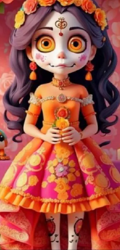 Colorful Day of the Dead character with floral decor.