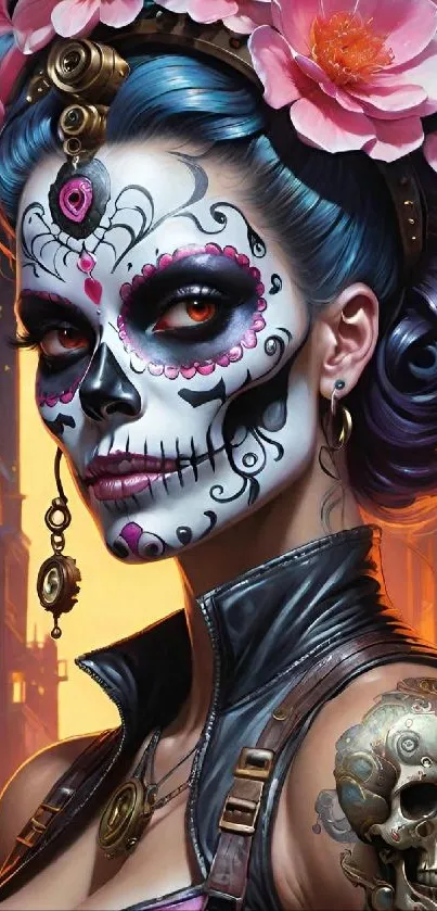 Day of the Dead themed woman with skull makeup and flowers.