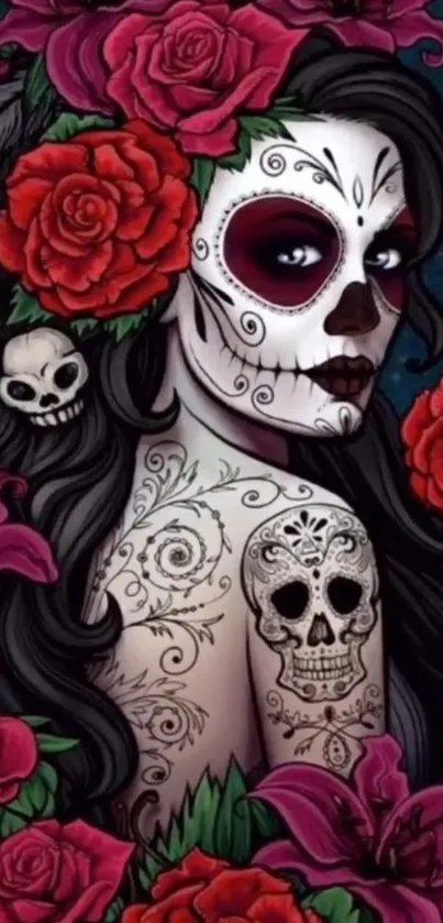 Intricate Day of the Dead sugar skull design with floral elements.