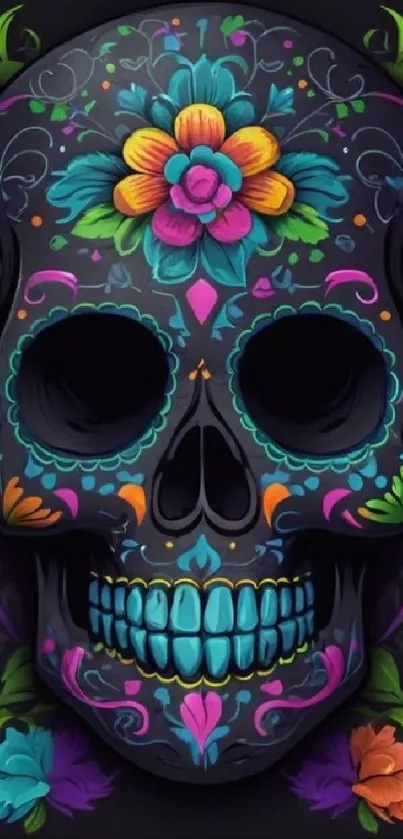 Vibrant Day of the Dead skull with colorful floral design.