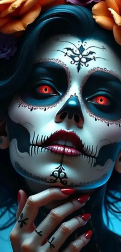 Day of the Dead face art with vibrant colors.