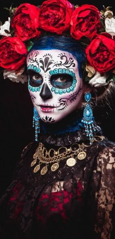 Colorful Day of the Dead face paint with floral headpiece.