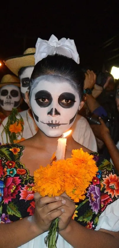 Day of the Dead celebration with face paint and marigolds.