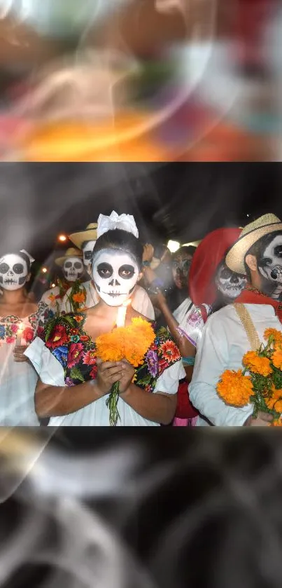 Day of the Dead celebrations with colorful face paint and marigolds.