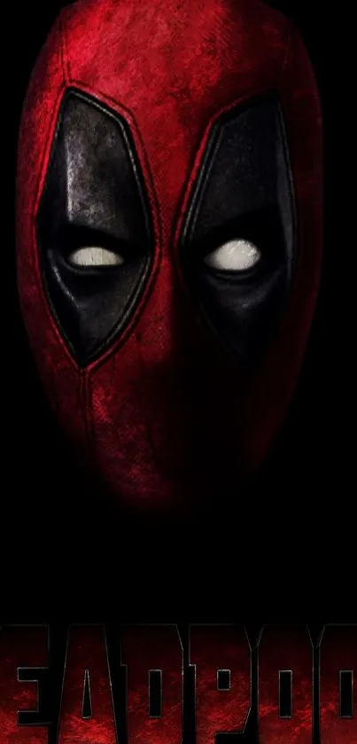 Deadpool wallpaper with bold red mask and black background.