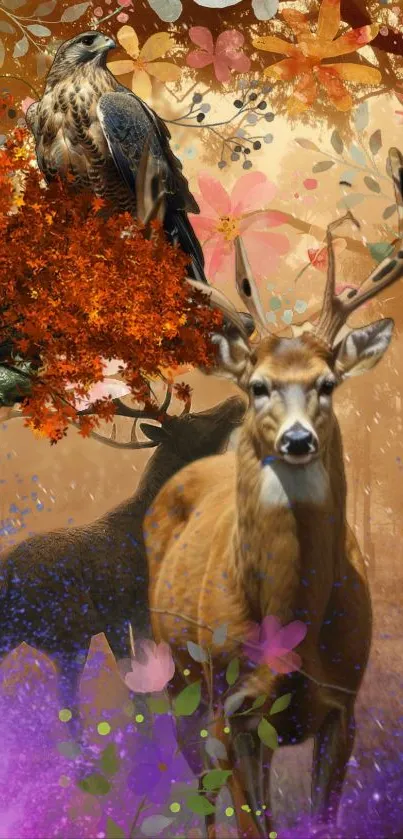 Deer and hawk in colorful foliage, fantasy art wallpaper.