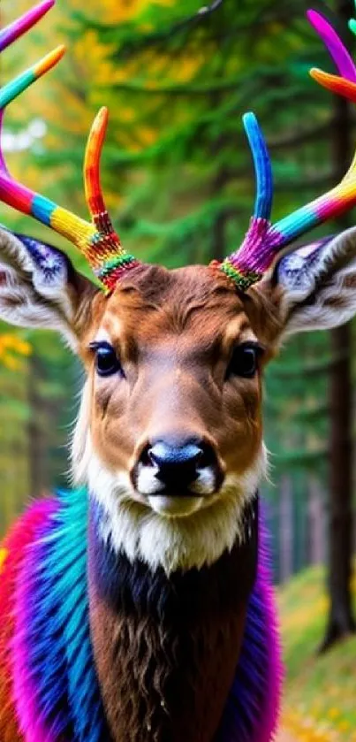 Vibrant deer with colorful antlers in a lush forest setting.