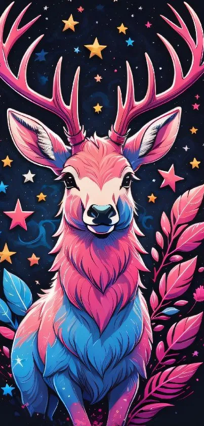 Fantasy deer with neon colors and cosmic stars on dark background.