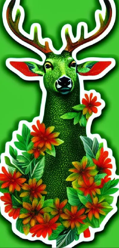 Vibrant deer with floral accents on green background.