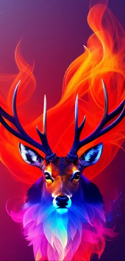 Vibrant deer with colorful flames and antlers.