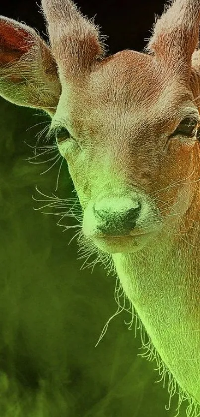 A deer with a vibrant green and orange glow in a mystical setting.