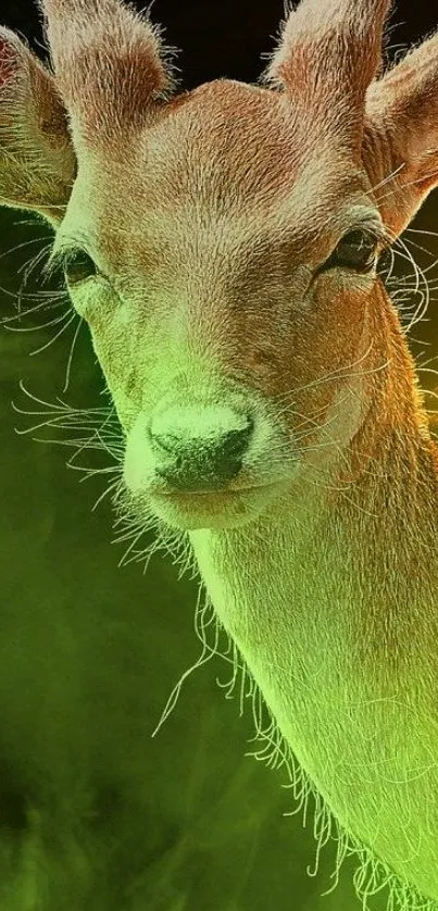 Deer in a green misty background wallpaper.