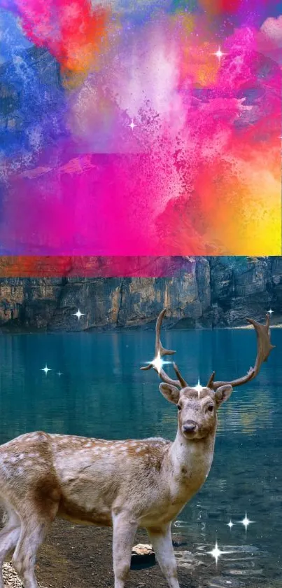 Majestic deer by a colorful lake with nebulae in a vibrant digital wallpaper.