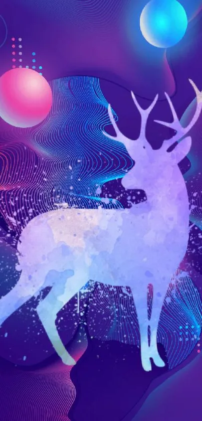 Artistic purple deer with vibrant orbs and mystical ambiance.