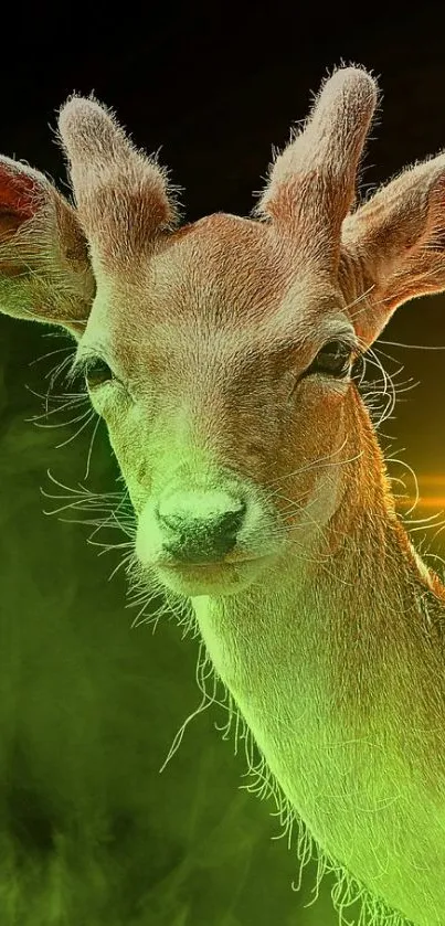 Deer with a green aura against a dark background.