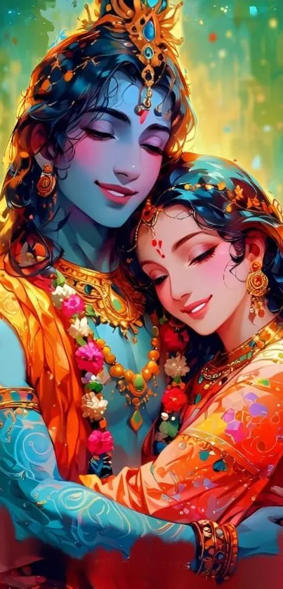 Colorful depiction of deities embracing in vibrant art.