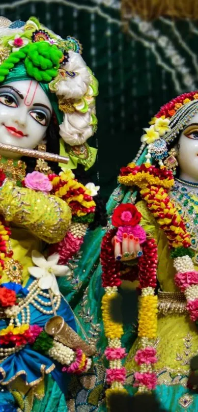 Vibrant deity art with colorful flowers on a mobile wallpaper.