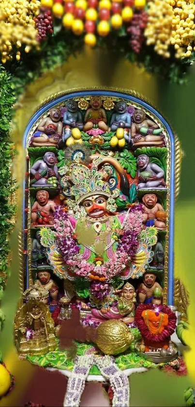 Vibrant altar with deity and colorful fruits display.