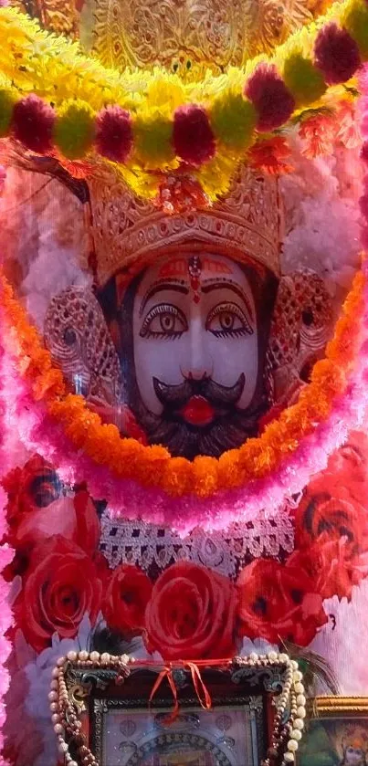 Vibrant deity idol with colorful garlands and intricate details.