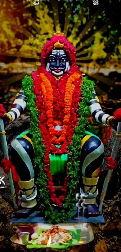 Vibrant deity with red and green garlands on a mobile wallpaper.