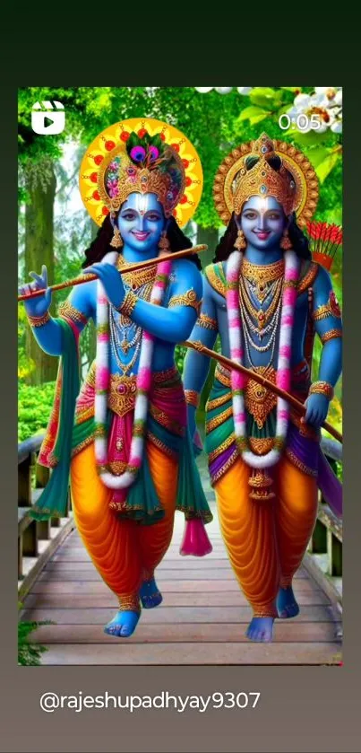 Vibrant deities in colorful attire on a phone wallpaper.