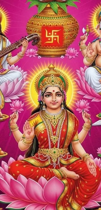 Colorful Hindu deities on lotus background.