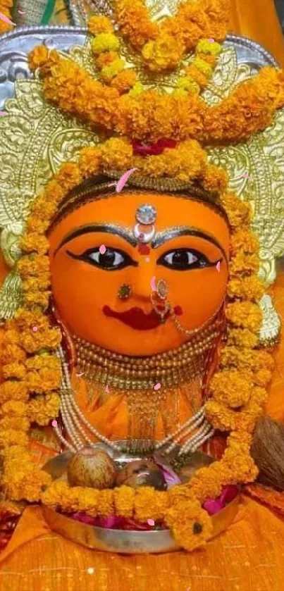 Vibrant deity adorned with marigold garlands on an orange-themed backdrop.