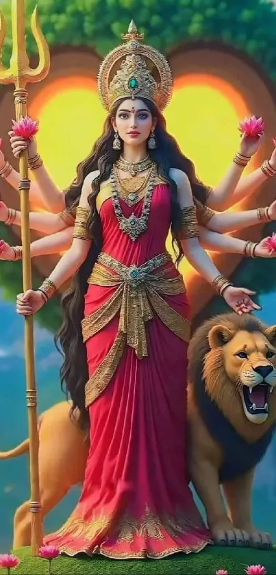 Goddess with multicolored attire and a lion on a vibrant background.