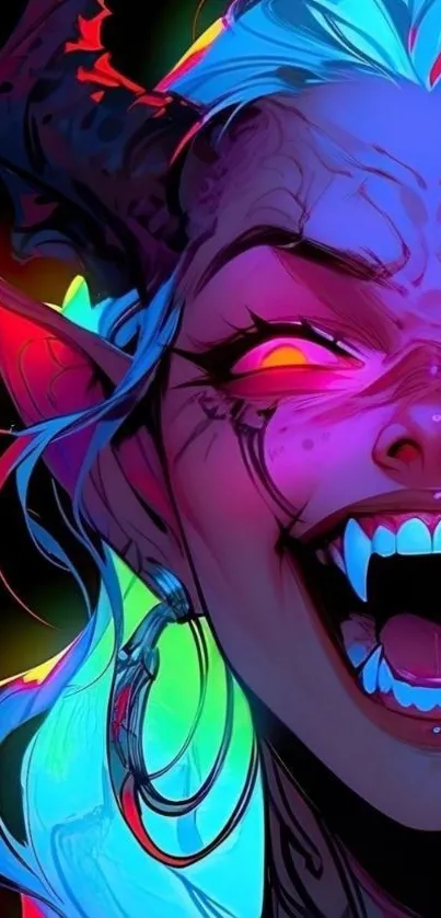 Vibrant demon-inspired wallpaper with neon colors and intricate details.