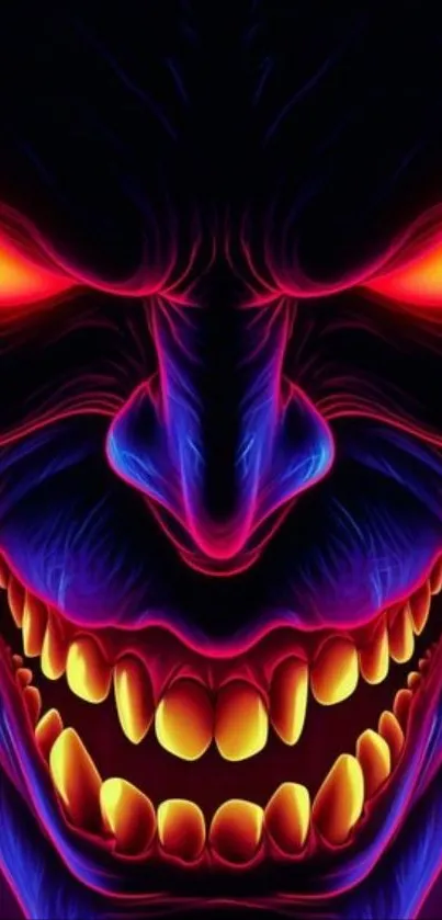 Vibrant demon face with glowing eyes and fiery colors on a dark background.