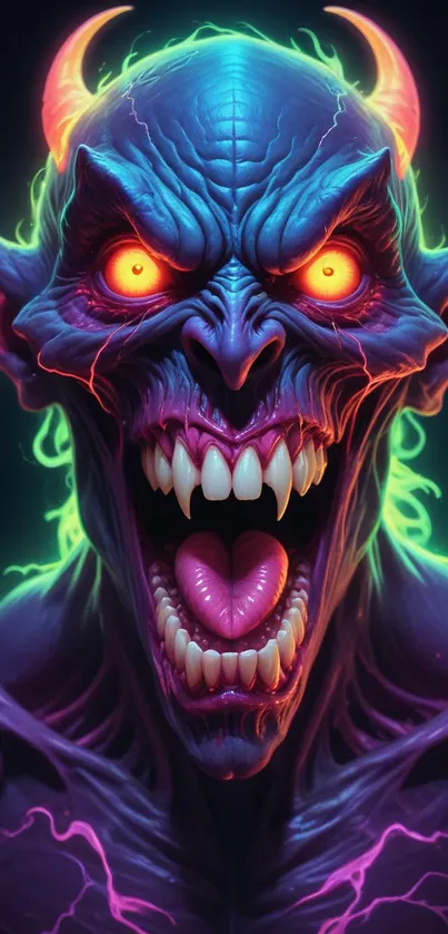 Vibrant demon art with neon colors and fierce expression in digital wallpaper.