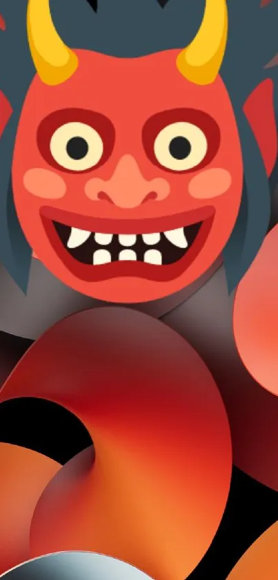 Red demon mask on abstract swirling background, vibrant phone wallpaper.