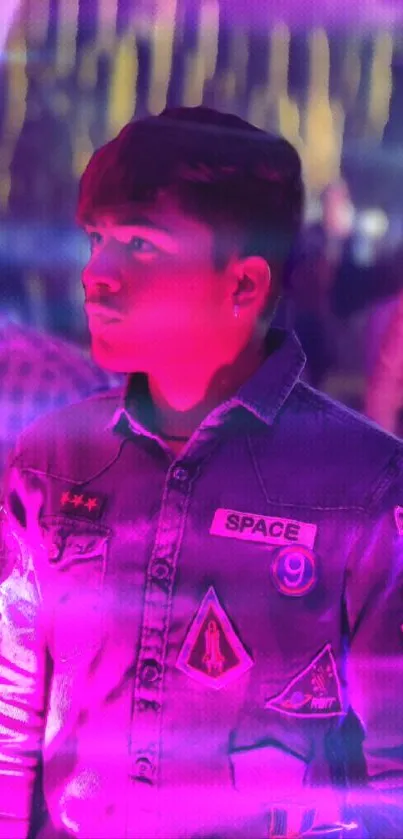 Person in denim jacket under pink and purple neon lights.