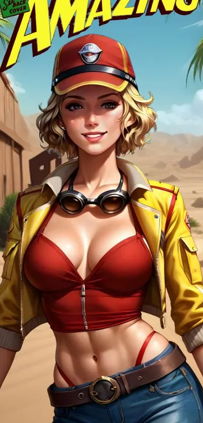 Vibrant artwork of a stylish character in a desert setting.