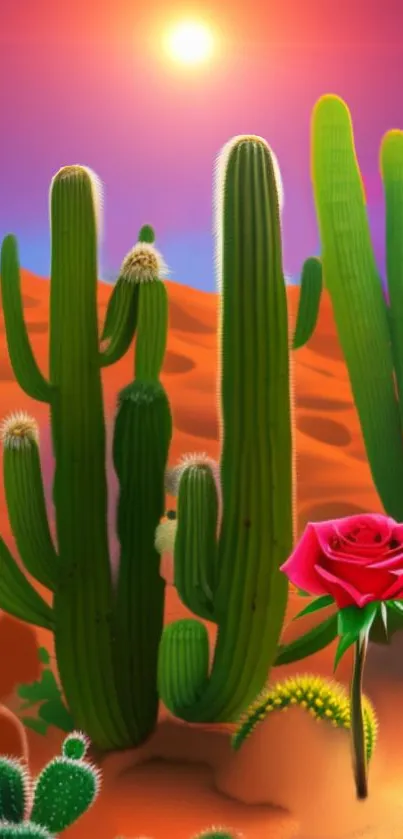 Vibrant cacti and rose in desert sunset wallpaper