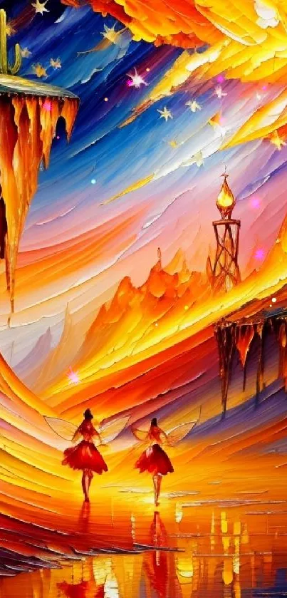 Vibrant abstract desert scene with dancing figures and cosmic sky.