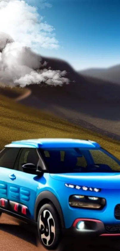 Blue car driving in a desert with cloudy skies.