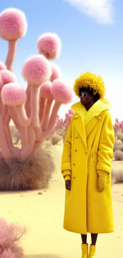 Fashionable figure in yellow coat with pink desert trees.