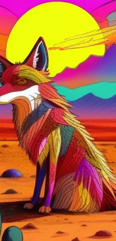 Colorful artistic desert landscape with a fox and sunset.