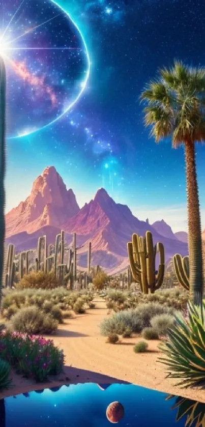 Vibrant desert with galaxy and cacti under a starry sky.