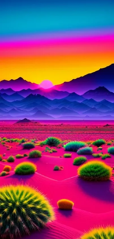 Vibrant desert landscape with neon mountains and colorful plants.