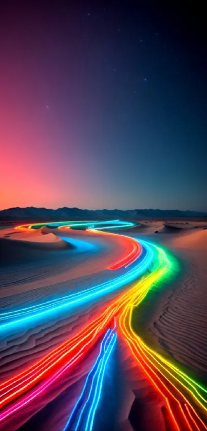 Colorful neon lights trail across desert sands at night.