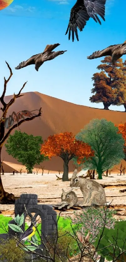 Desert landscape with wildlife and colorful trees under a clear blue sky.