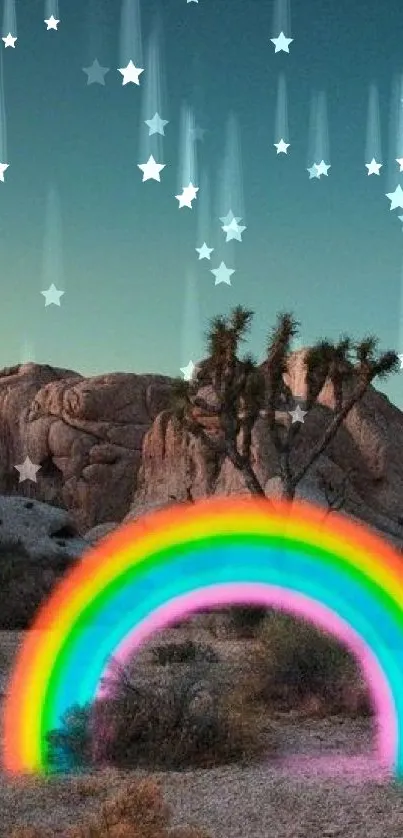 Desert landscape with vibrant rainbow arch in the evening light.