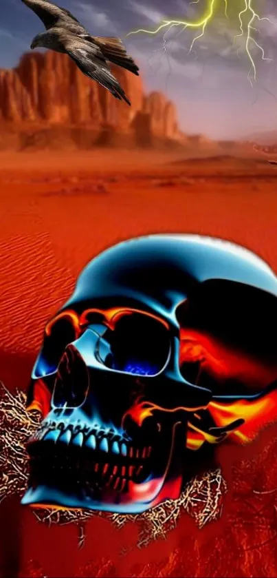 Colorful desert skull with lightning and bird, vibrant wallpaper scene.